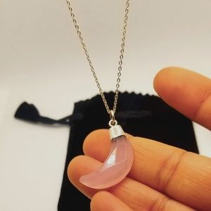 925 Silver Pendent!!Carved Rose Quartz Crescent🌜Pendent with chain!! Elegant💕